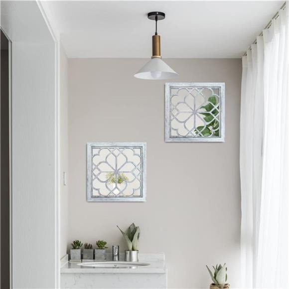 2 PCS Square  Wall Mirror,Gorgeous Rustic Farmhouse Accent Mirror,Rustic White - Picture 2 of 5